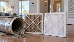 Indoor HVAC scene showing a heavily dust-covered air filter beside a clean replacement filter and a dirty flexible air duct, with a residential living room and thermostat in the background.