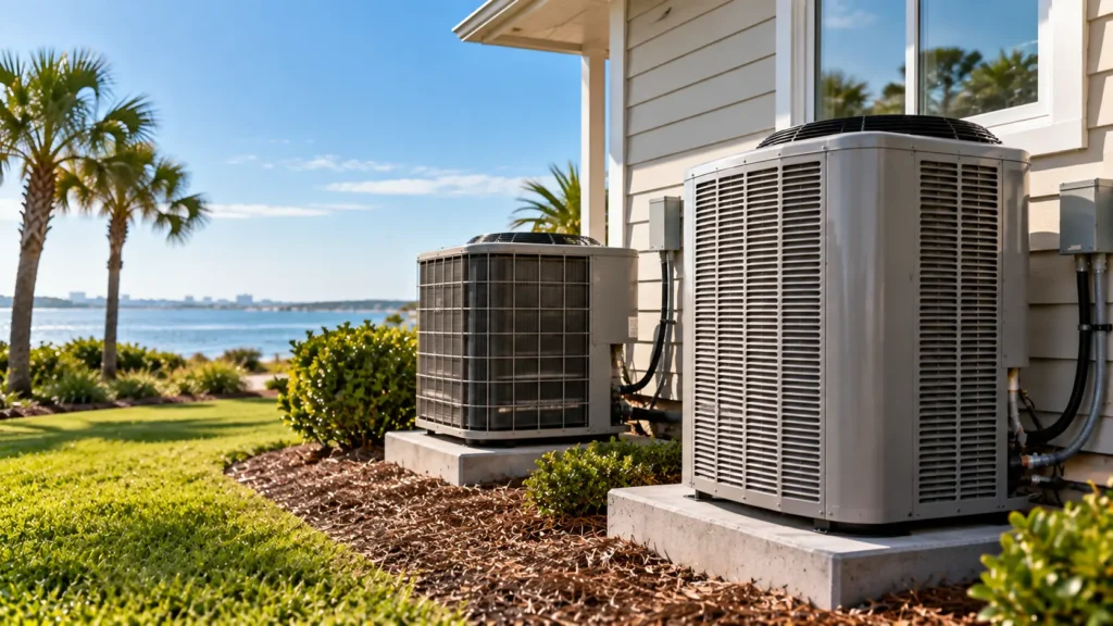 Two outdoor HVAC condenser units beside a coastal home, surrounded by landscaped greenery and palm trees, with a sunny waterfront view in the background.