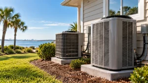 Two outdoor HVAC heat pump units installed beside a Gulf Coast home with palm trees and waterfront view