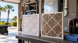 New clean white HVAC air filter next to dirty brown used air filter on a table in a garage