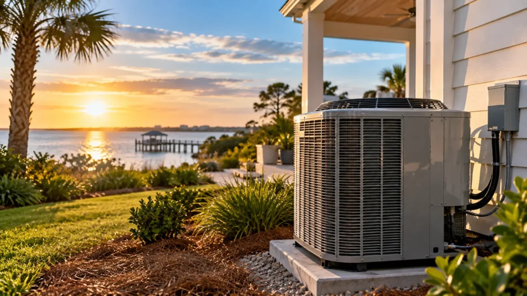 Residential outdoor HVAC condenser beside a coastal home, surrounded by landscaped greenery and palm trees, with a waterfront and sunset in the background.
